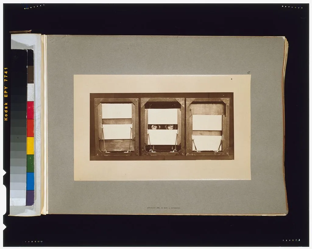Front of electro-shutters, with positions of panels before, during,…, Palo Alto, California, 1881