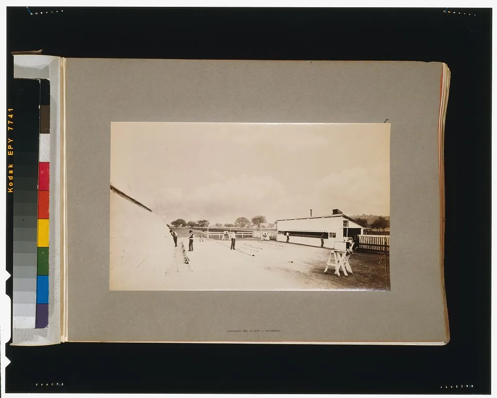 General view of experiment track, background and cameras, Palo Alto, California, 1881